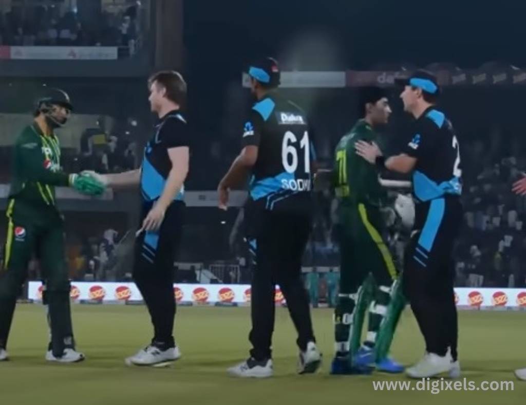Cricket images of New Zealand team handshake with Pakistan players after match.