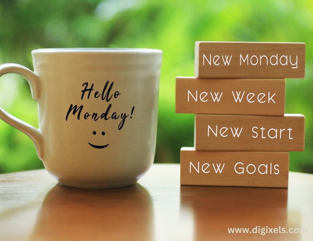 Happy Monday images with text, tea cup, smile face icon, table