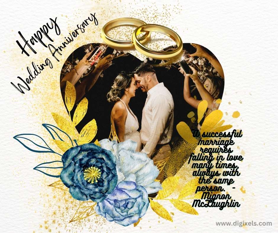 Happy anniversary images with flowers around, bride and bridegroom clipping together, love, heart icon, girl taking photo from the back, wedding ring over the couple, vector design, inspiring quotes, free download on Digixels.