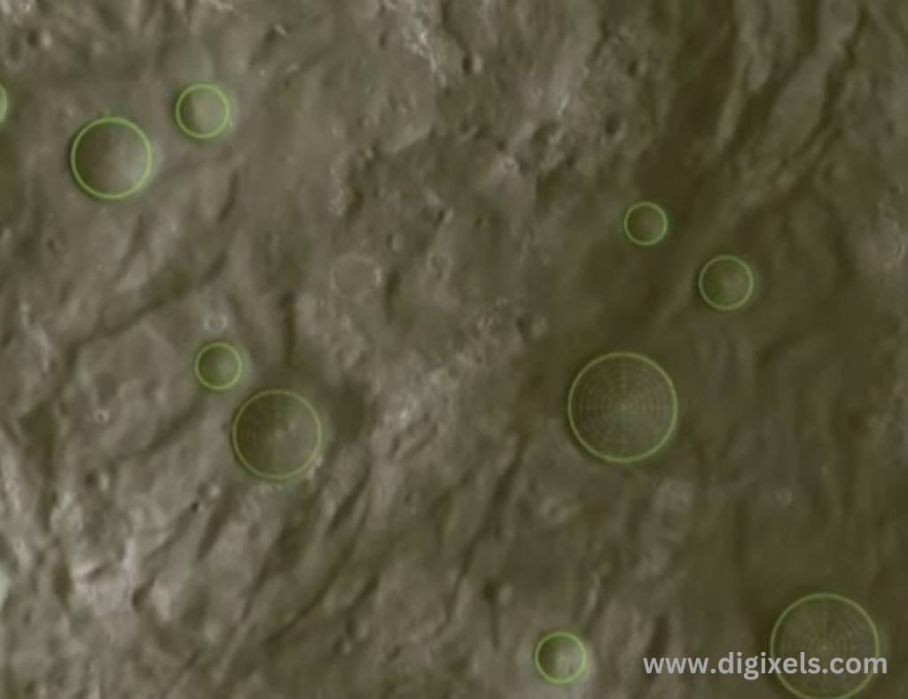 Chandrayaan 3 images, the latest footage of the Moon with some solid rock type element and green light circle spots all over the footage.