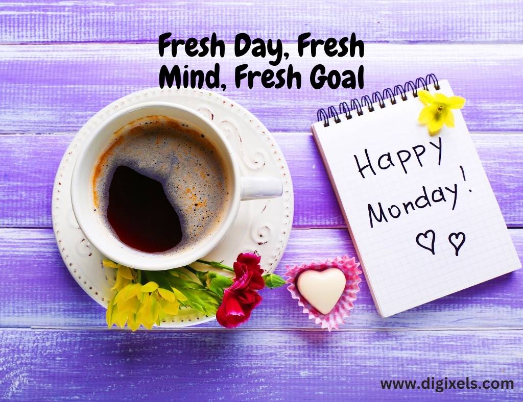 Happy Monday images with text, coffee, coffee cup, flower, heart icon, note