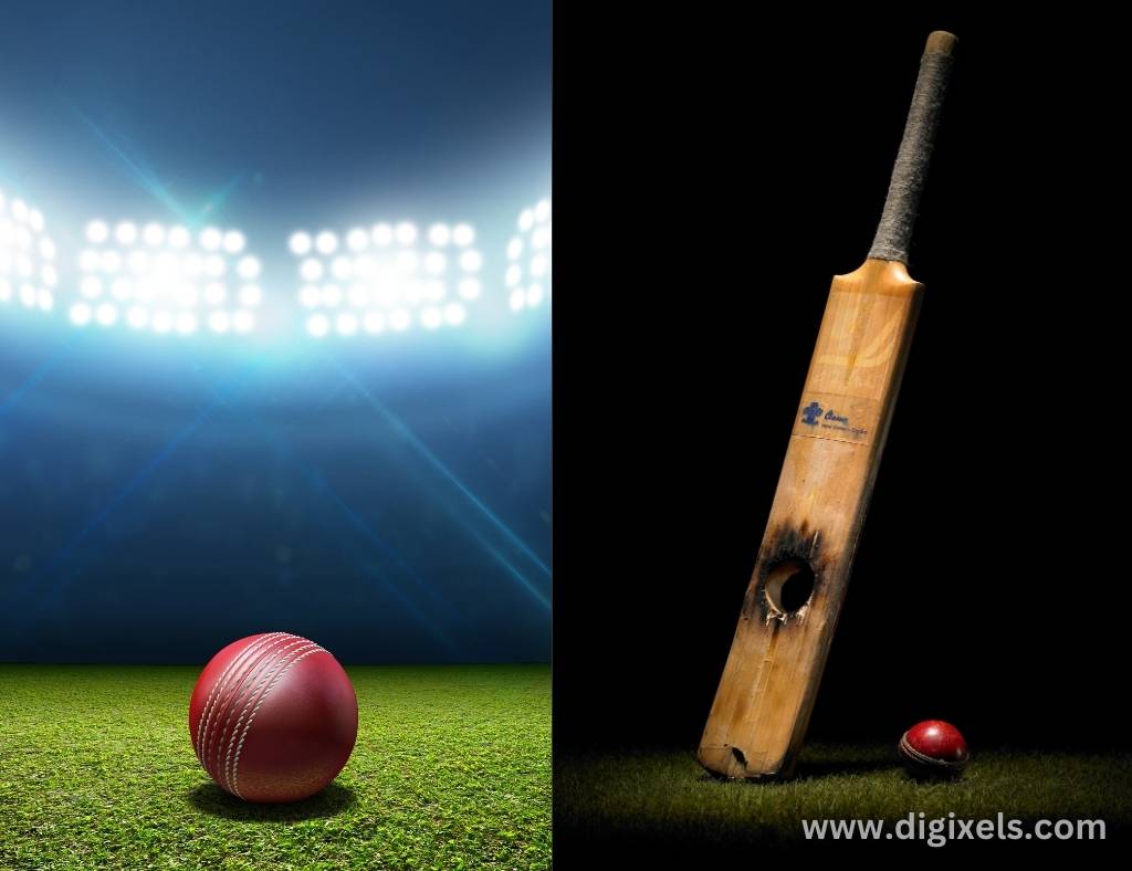 Cricket images of ball, stadium lighting, bat with hole in the middle kept standing, beside ball.