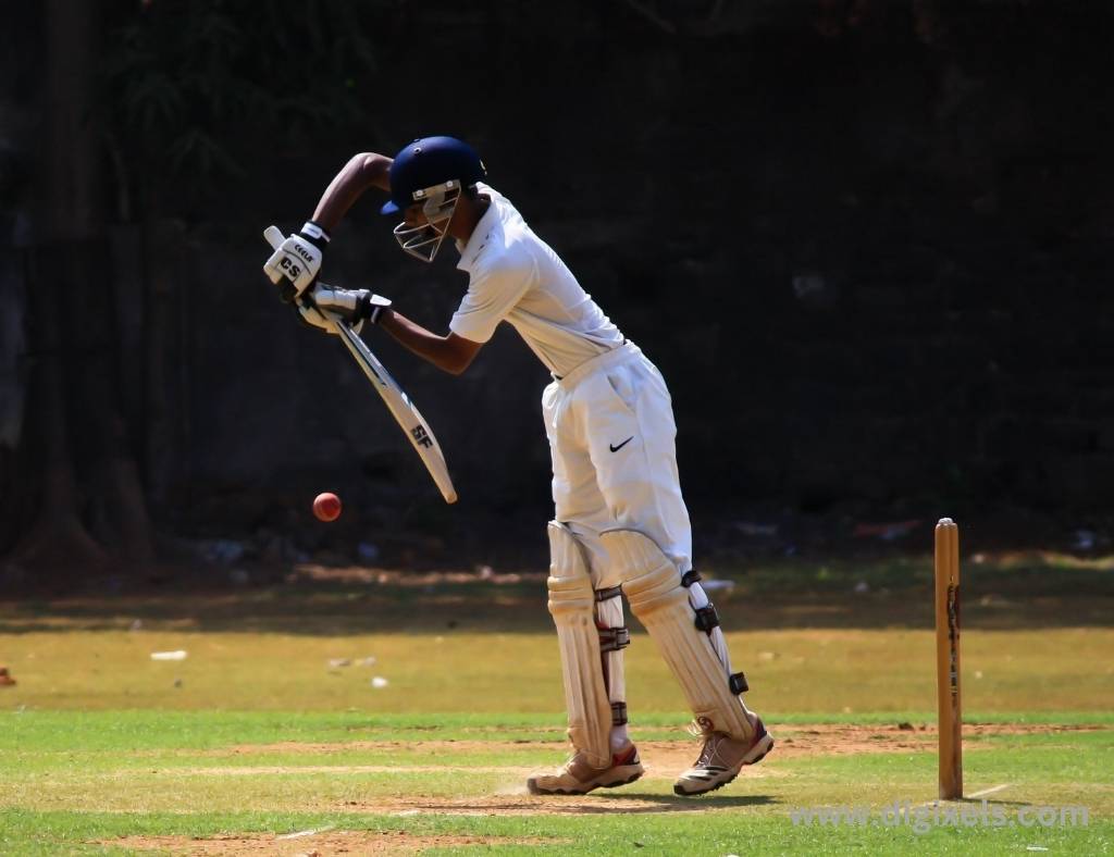 Cricket images of batsman holding bat, behind him stamp, practicing bats.