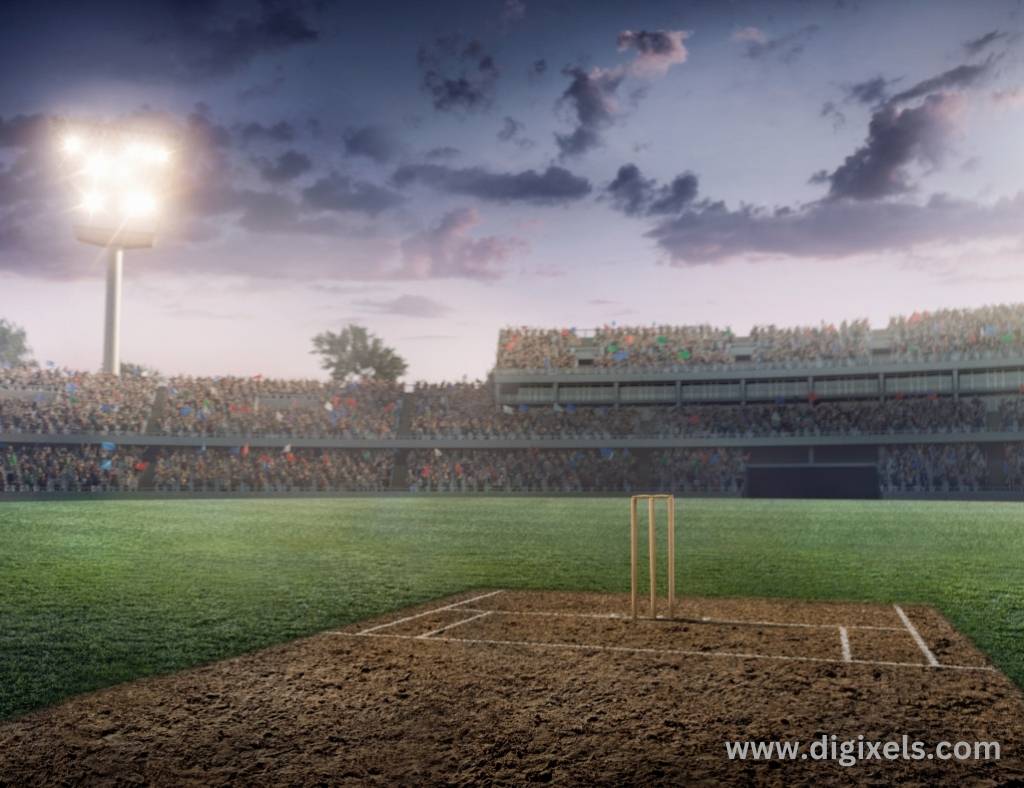 Cricket images of stadium, lights on, stamp on the ground, green filed ground.