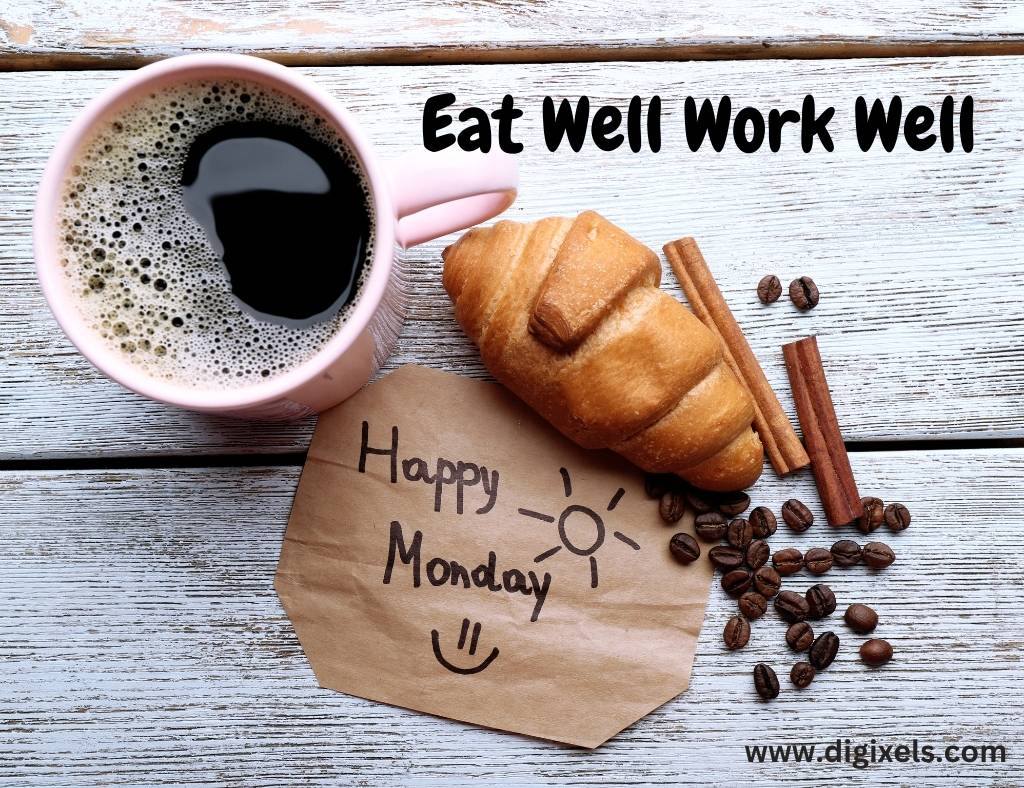 Happy Monday images with text, coffee, coffee cup, bread, stick, smile icon,