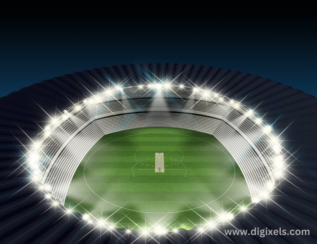 Cricket images of illustrated cricket stadium, with all lights on, full bright, green ground, pitch and stamp visible.