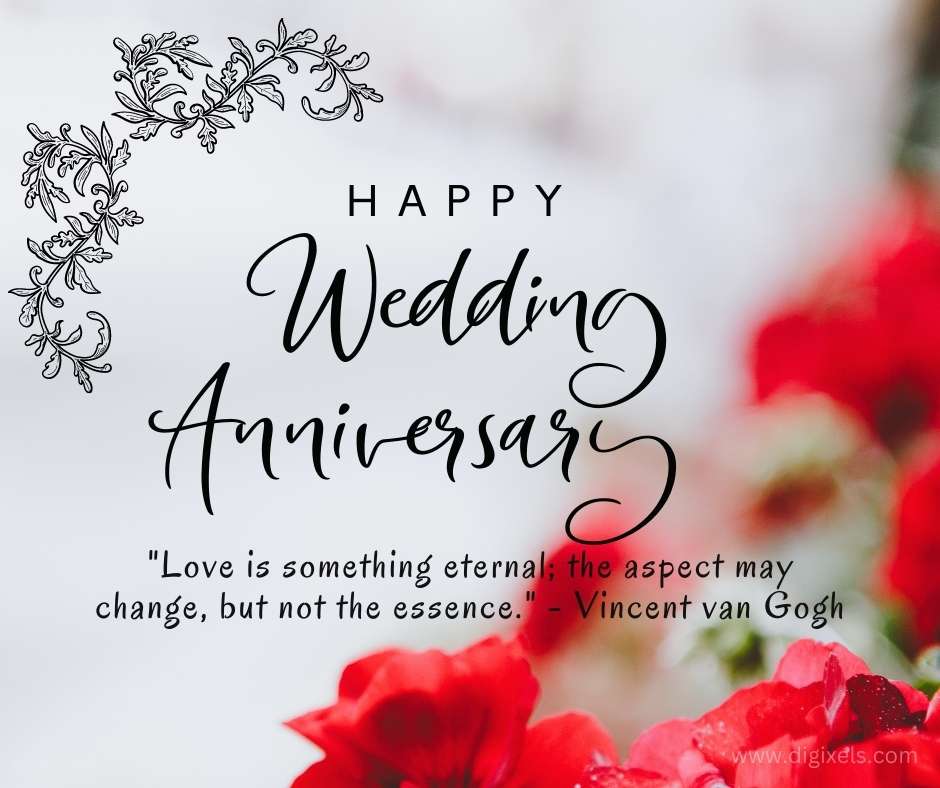 Happy anniversary images with red flowers, leaves icon, quotes, happy anniversary text in the center.