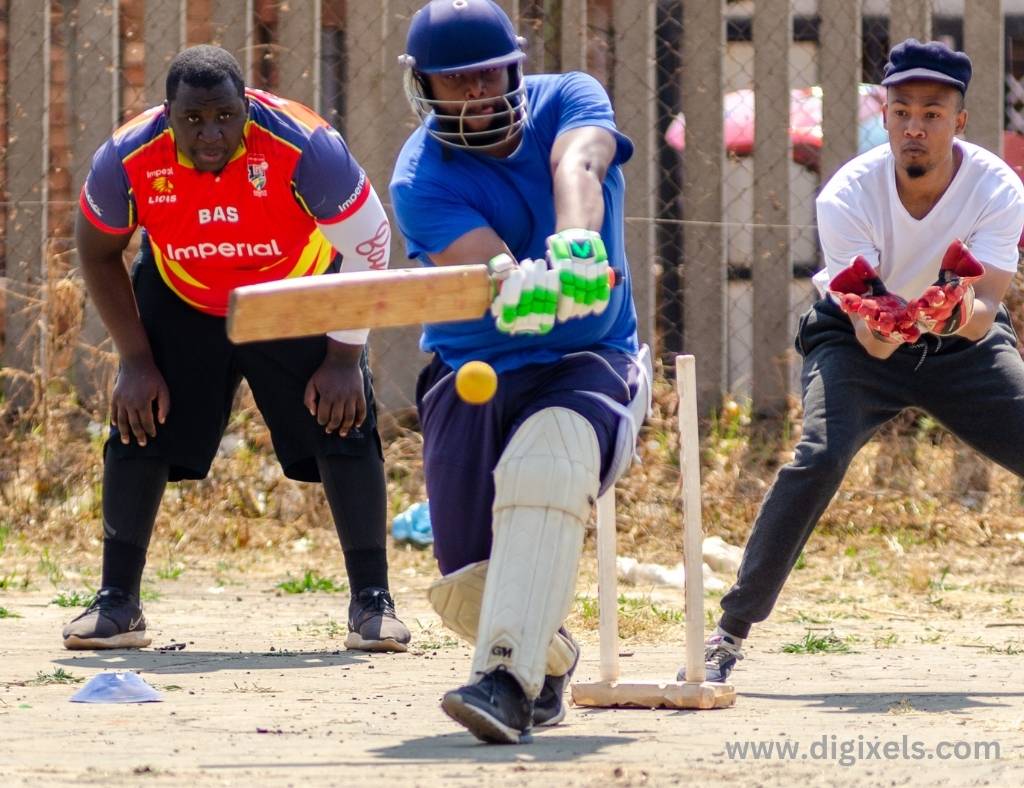 Cricket images of a batsman hitting the ball with bat, two wicket keeper at the back.