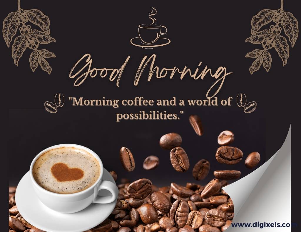 Good morning images with quotes, text, leaves, coffee cup, heart icon, coffee seed,