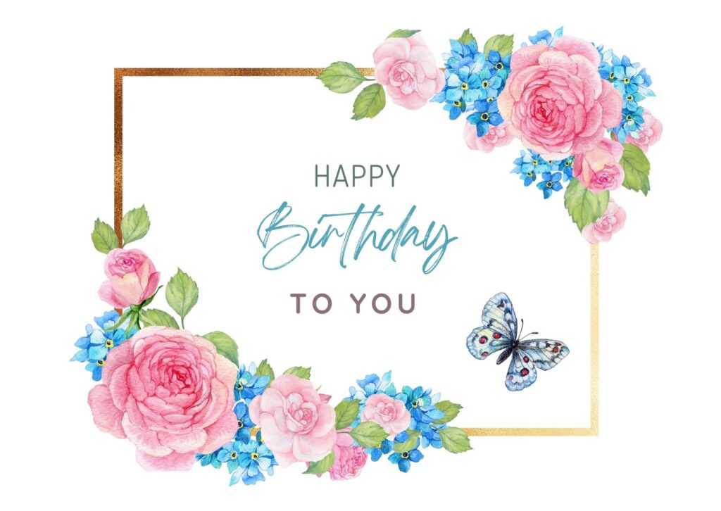 Free Happy birthday images with flowers in both corner right and left, vector design, illustrated image, happy birthday text in the center of the frame, butterfly flying in the bottom right corner, free download on Digixels. 