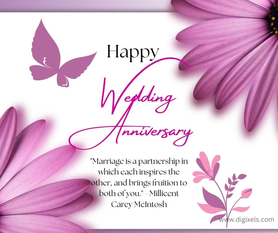 Happy anniversary image with violet color flowers, butterfly icon, flower plant, free download on Digixels.