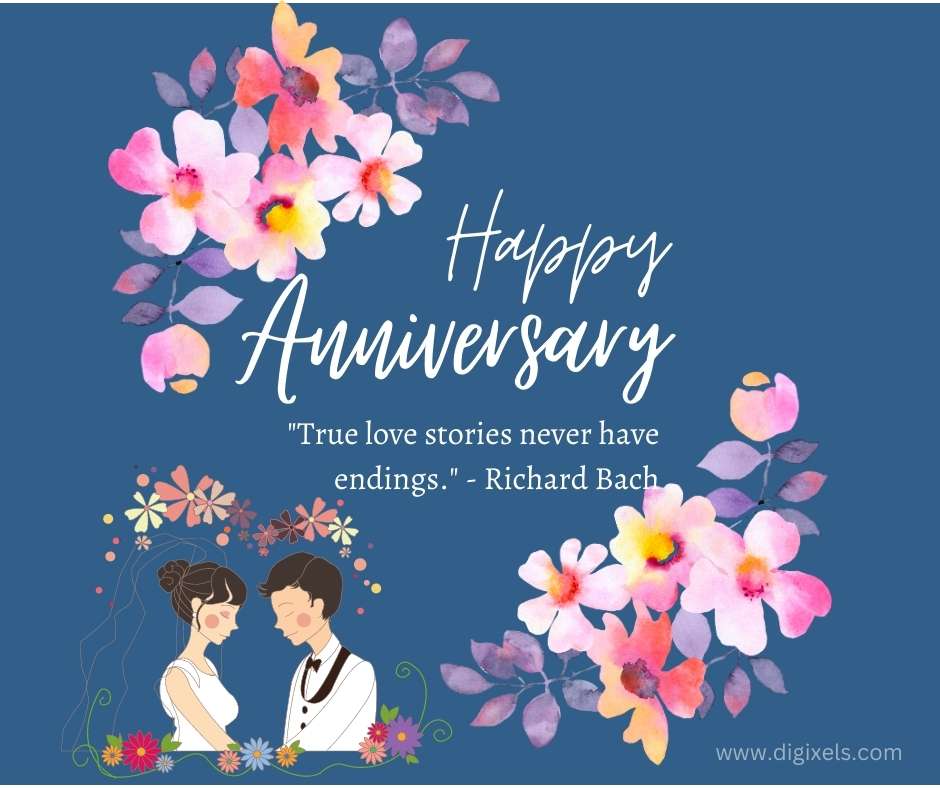Happy anniversary image with flowers in both corner of frame design, boy and girl standing to face each other, free download on Digixels.