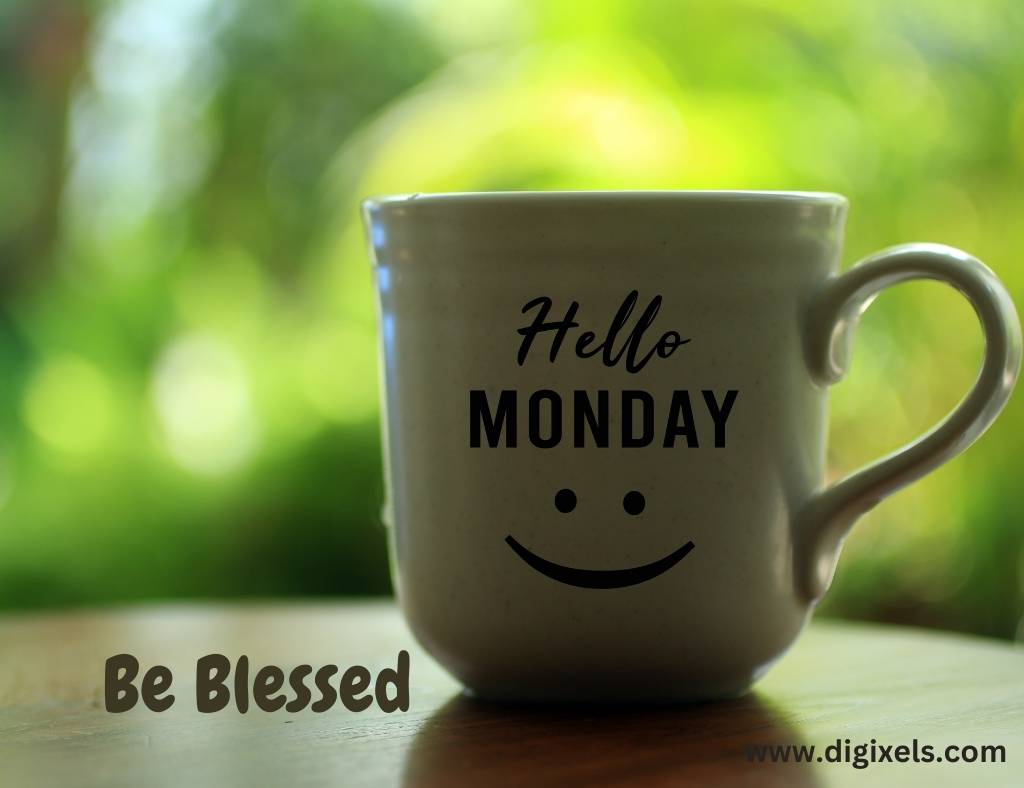 Happy Monday images with text, tea cup, smile face icon