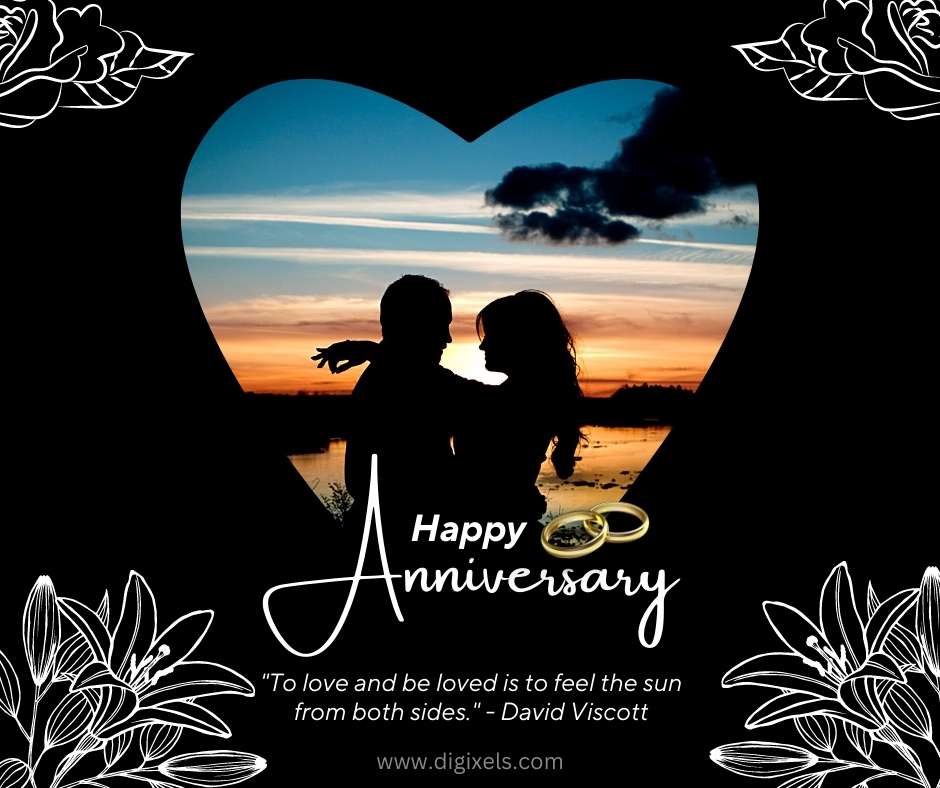 Happy anniversary images with flowers, leave in four corner, boy and girl hugging each other, heart icon, text, quotes, free download on Digixels.