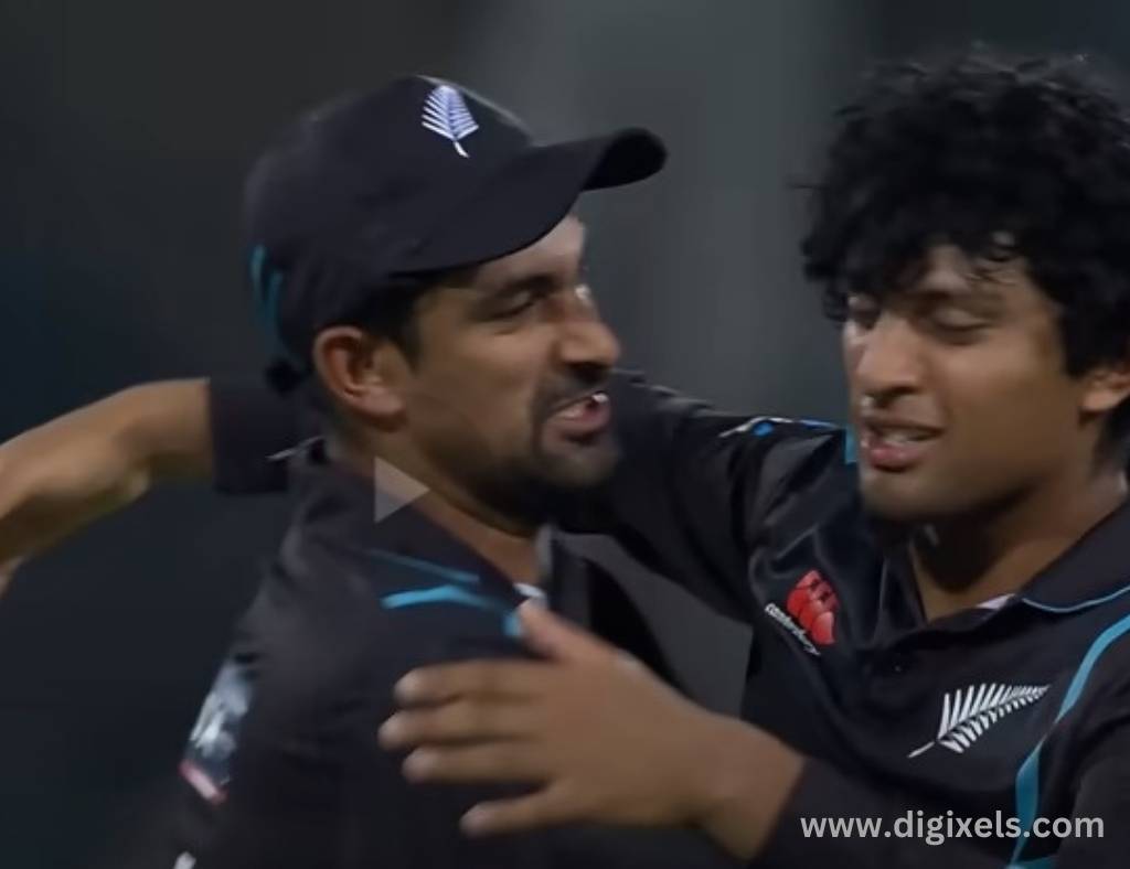 Cricket images of New Zealand baller celebrates after taking wicket, man hugging each other,