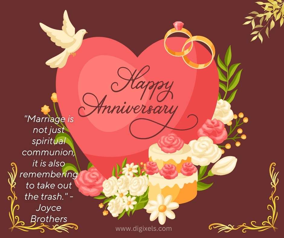 Happy anniversary images with big love, heart icon, dove bird flying over the heart icon, frame design with leaves, colorful flowers and wedding rings, free download on Digixels.