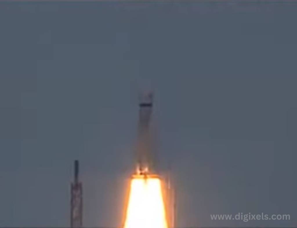 Chandrayaan 3 images, Space rocket , with fire and smoke, shooting toward upward.