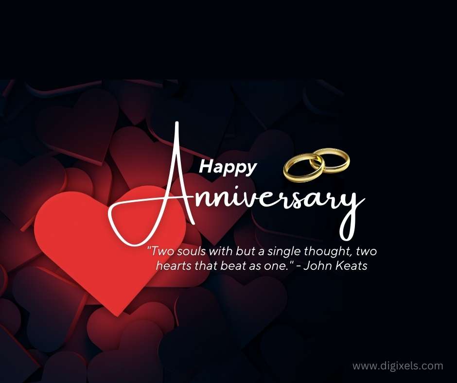 Happy anniversary images with love sign, hot red heart icon, wedding ring, text, quotes, black background, free download.