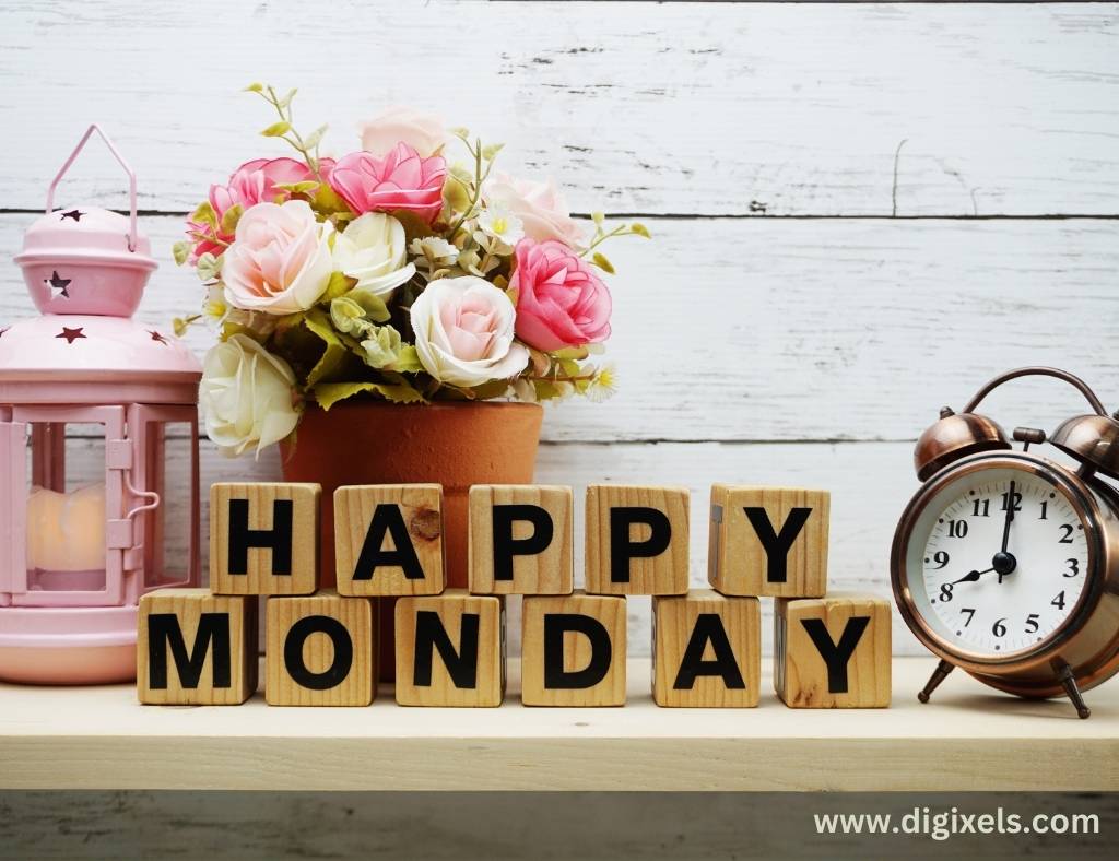Happy Monday images with text, flower, table clock