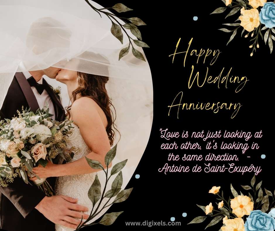 Happy Wedding Anniversary Image with inspiring quotes, bride and bridegroom kissing each other under cover of urna, bride holding a bunch of flowers, vector design, and free download on Digixels.