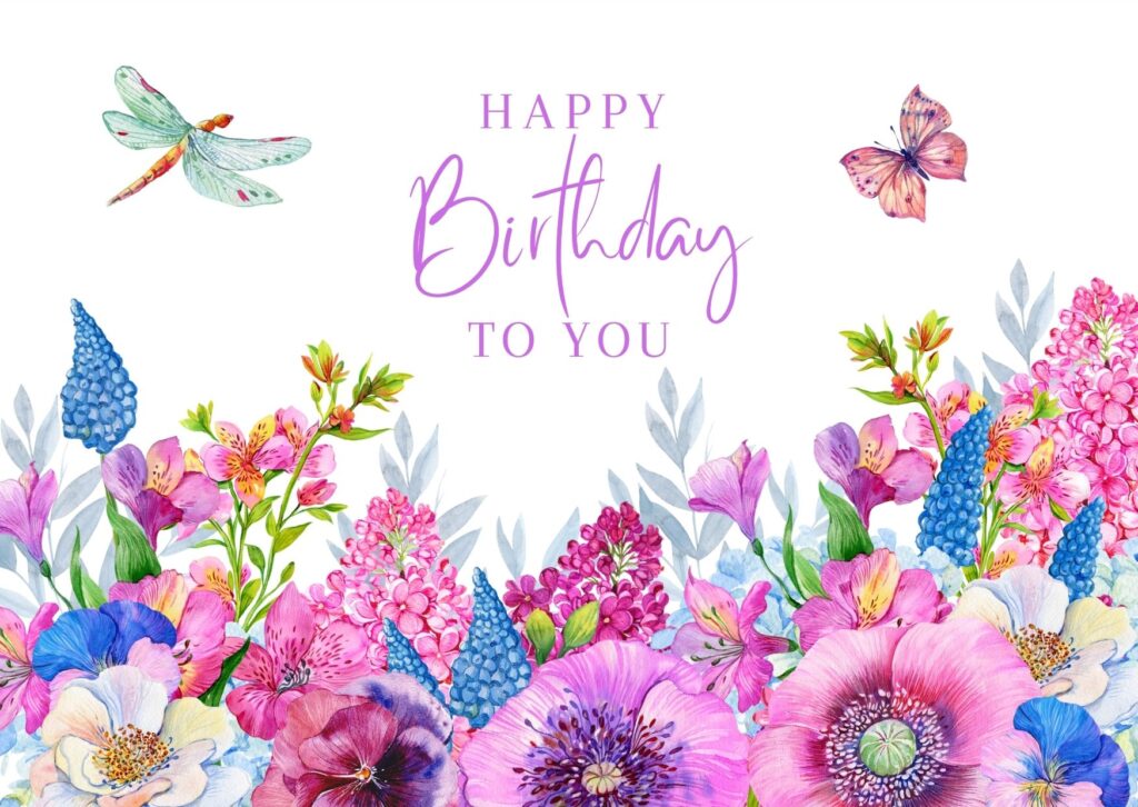 Happy birthday images with multiple flowers, red, violet, pink color flowers, birthday wishing text, butterfly flying image, dragon fly on the opposite of butterfly, vector design, free download on digixels. 