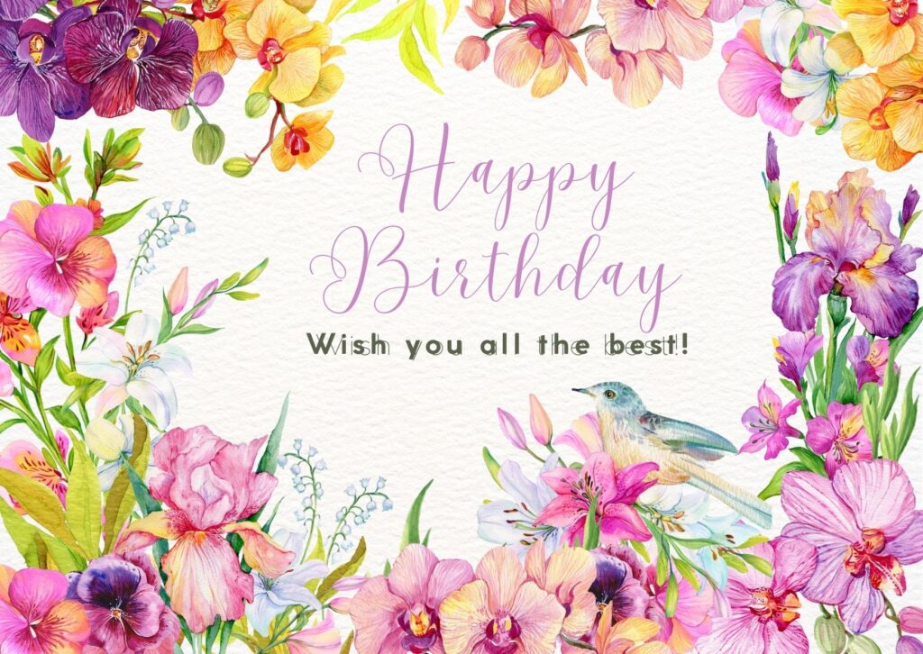 Happy birthday images with flowers all around, happy birthday text, quotes, icon, vector design, free download on digixels.