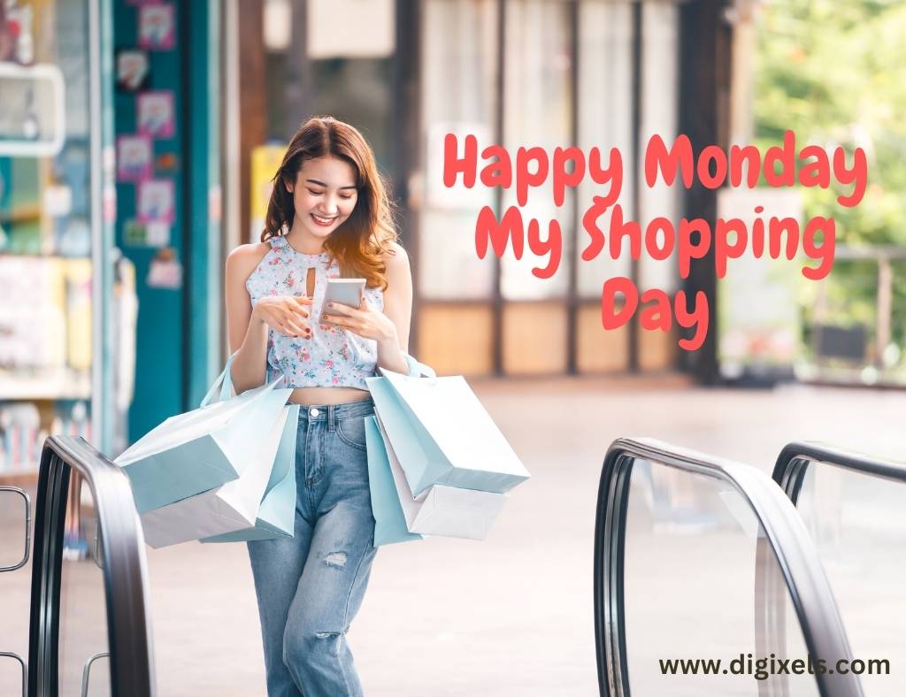 Happy Monday Images with quotes, text, a girl carrying shopping bag and looking at mobile