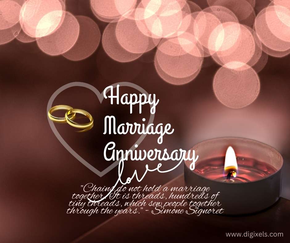 Happy marriage anniversary image with balloons, ring, heart icon, candle light, inspiring quotes, vector design, free download on Digixels.