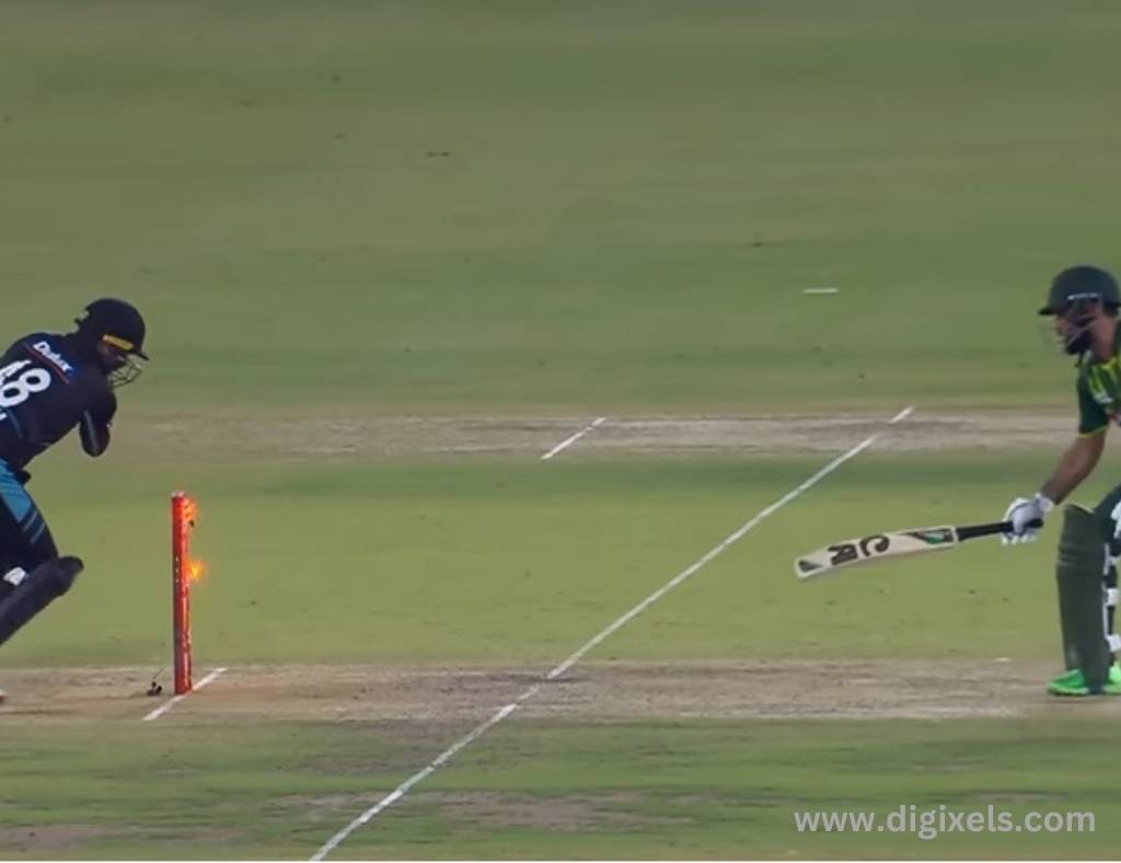 Cricket images of batsman taking run, stretching bat towards wicket line, wicket keeper stamping the ball