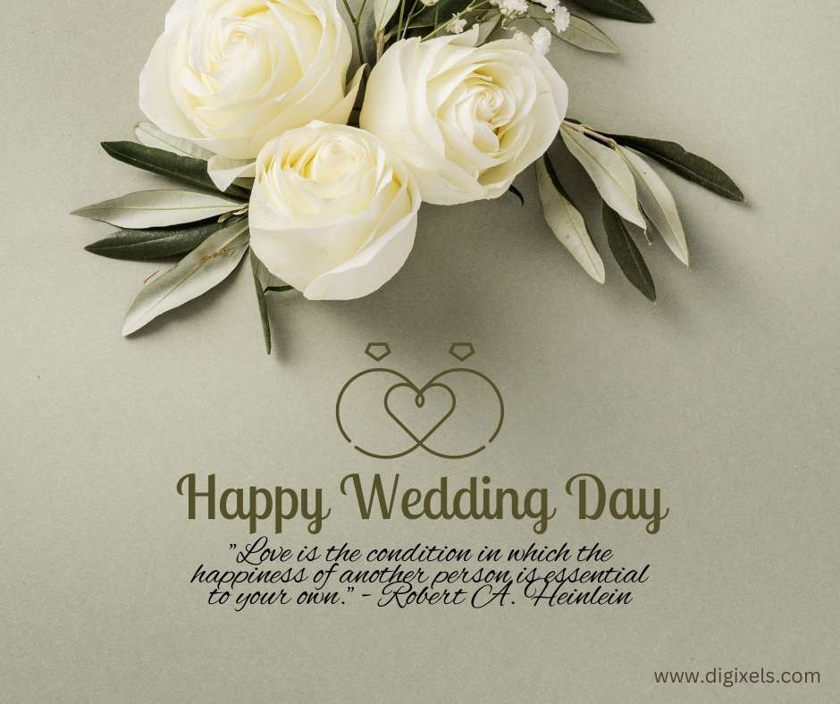 Happy wedding day images with white rose flowers, heart icon, ring, text, quotes, free download