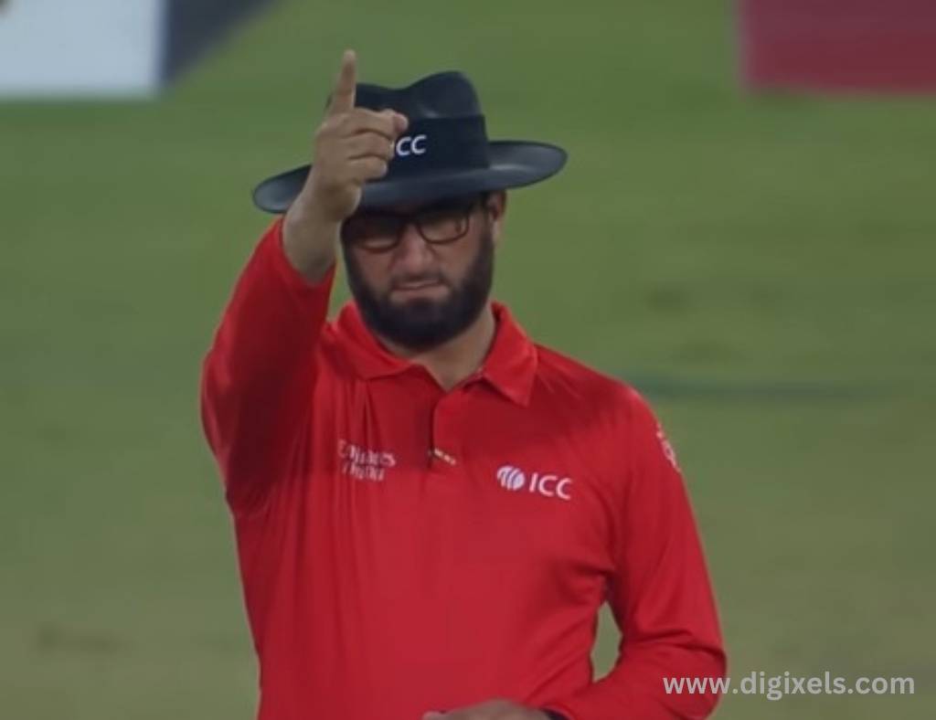 Cricket images of umpire lifting finger, calling out, wearing hat