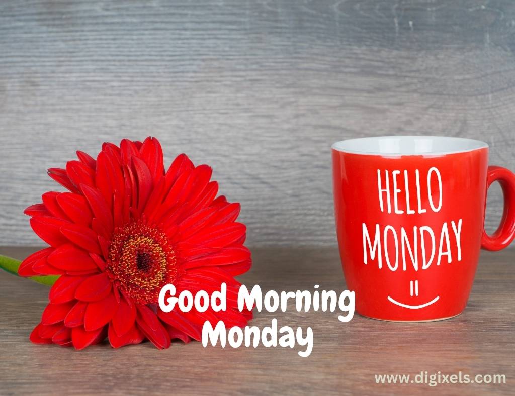 Happy Monday Images with quotes, text, sun flower, mug, smile icon