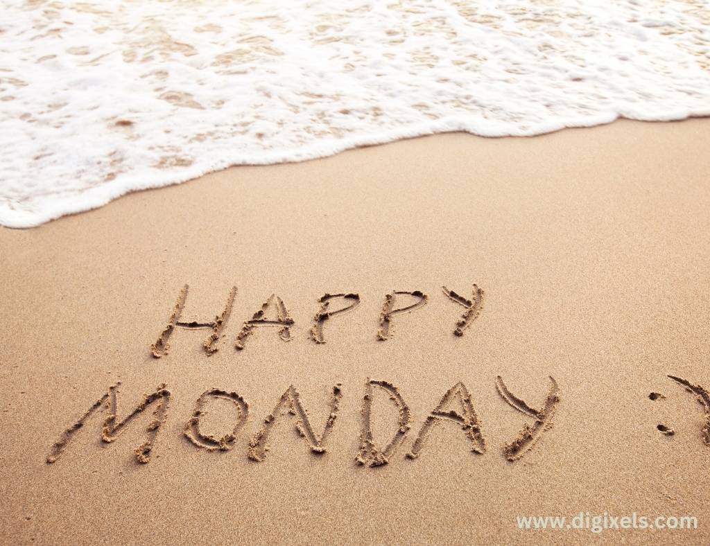 Happy Monday images with text, sand, water