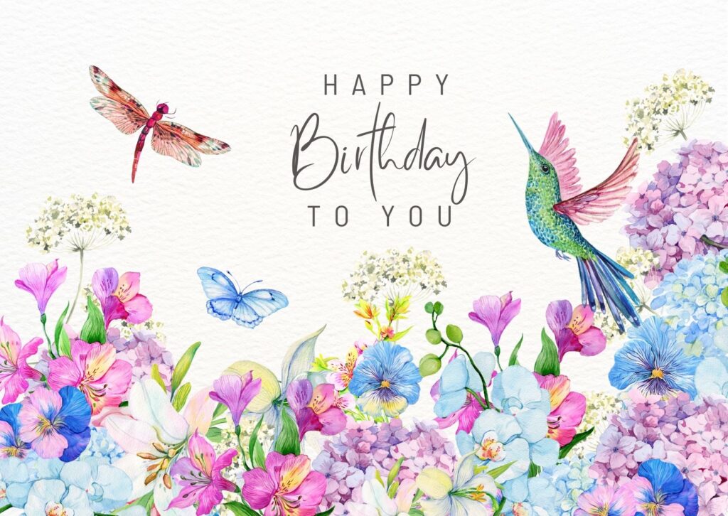 Happy birthday images with flowers, birds, dragon fly, vector art design, illustration, happy birthday text, for free download on Digixels. 
