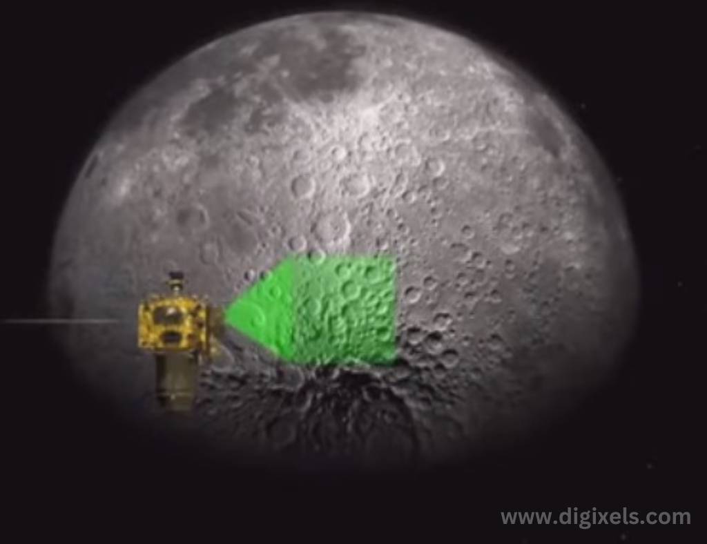 Chandrayaan 3 images, chandrayaan 3 almost touching the Moon, Moon is visible in oval shape, and chandrayaan's green light has been fall on the Moon.