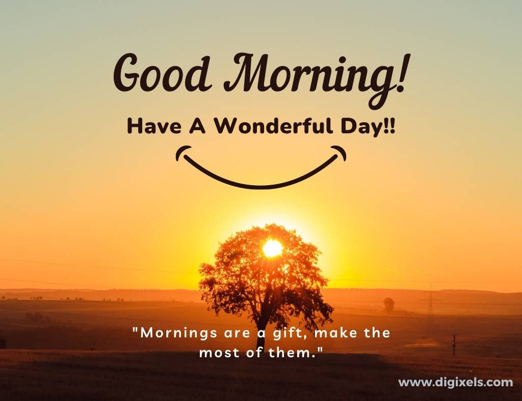 Good morning images with quotes, smile icon, text, sun, tree