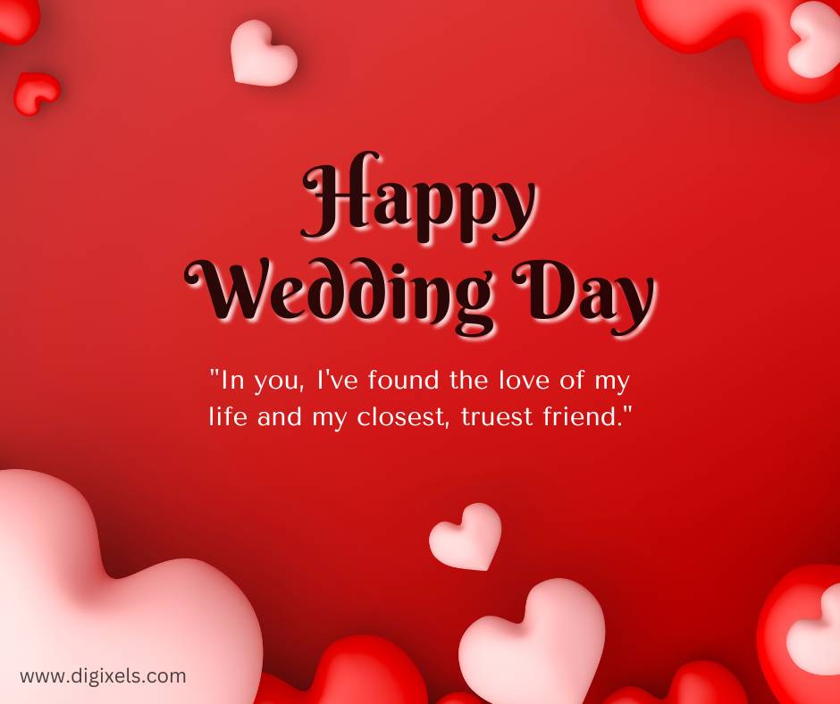 Happy wedding day images with love icon, heart symbol, red background color, very clean look, quotes, free download on Digixels.