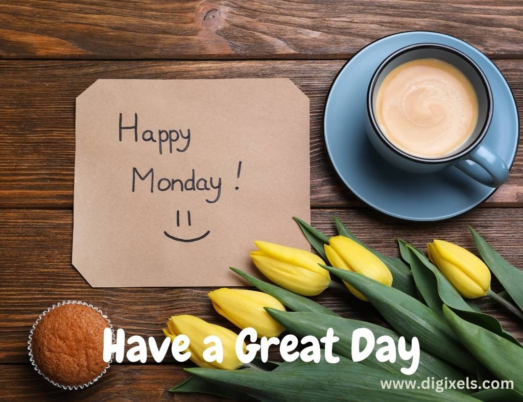 Happy Monday Images with quotes, text, card board, smile icon, cake, tulip flowers, coffee cup