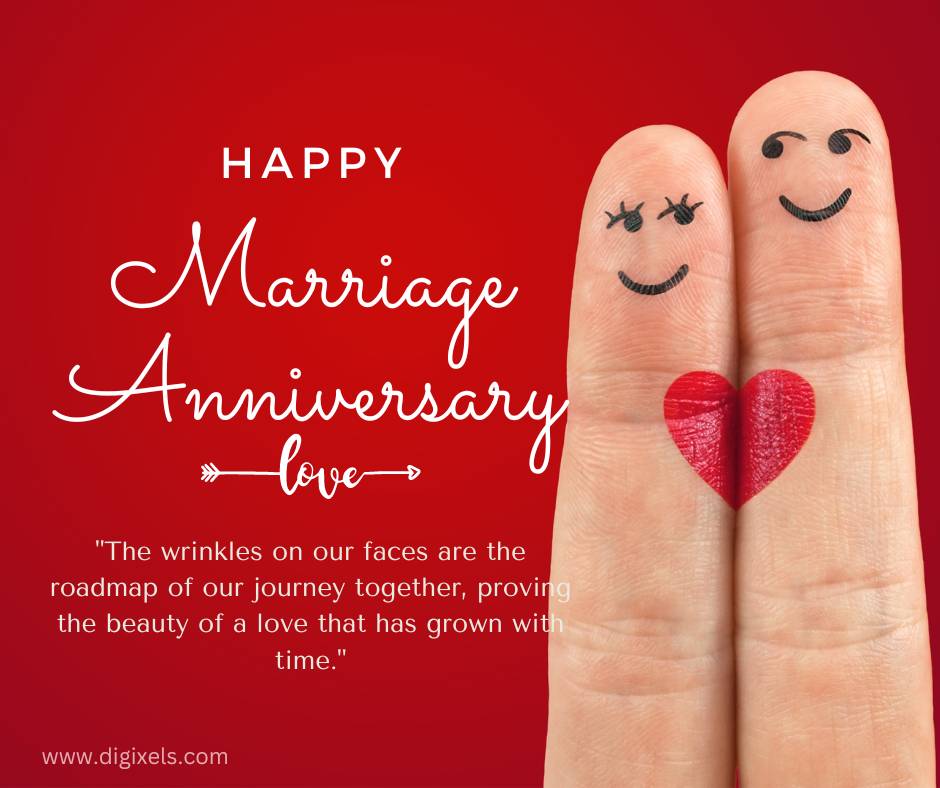 Happy marriage anniversary images with love icon, two fingers standing together, heart icon on finger, and eyes symbol on finger top, quotes, free download.
