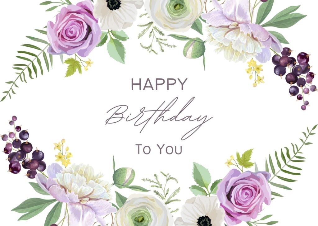 Happy birthday images with flowers, violet color flowers around the happy birthday text, vector design, simple design, clean look, beautiful design, free download on Digixels. 