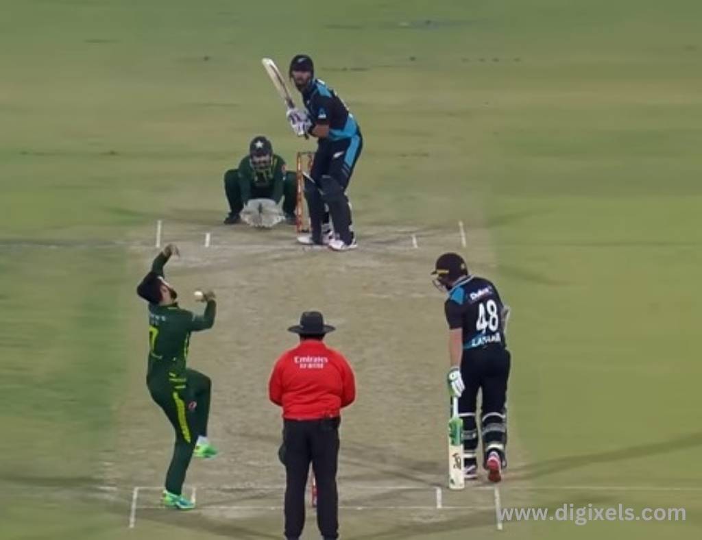 Cricket images of New Zealand batsman ready to bat, Pakistan bowler throwing ball. Batsman, bowler, wicket keeper, runner, umpire.
