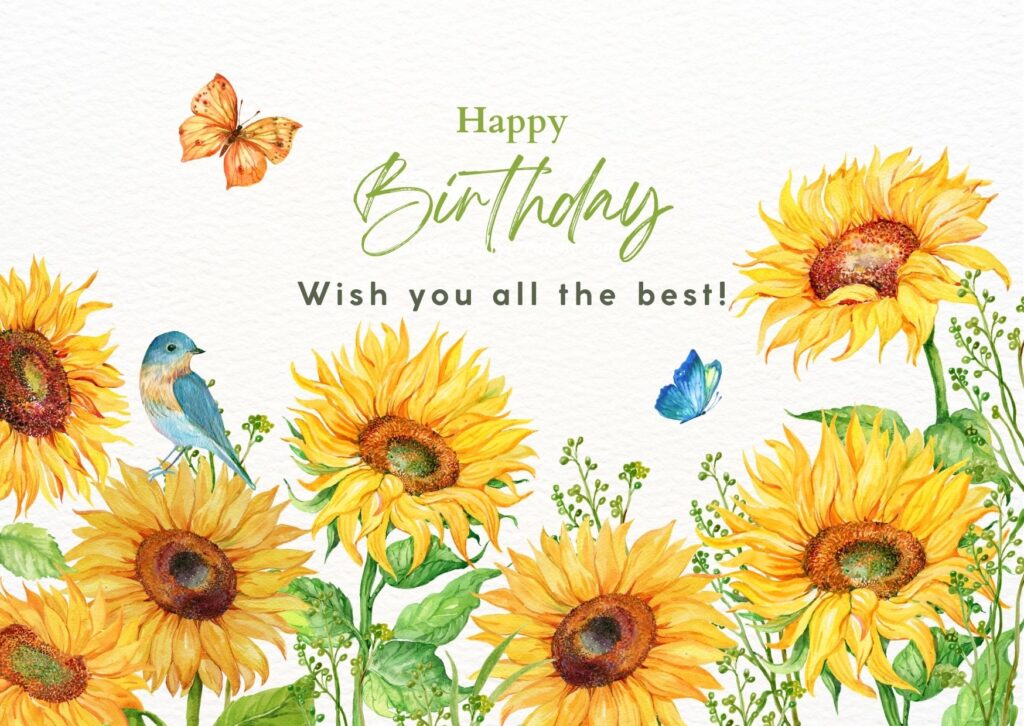 Beautiful happy birthday images with flowers, sun flowers, butterfly, birds, vector design for free download on Digixels. 