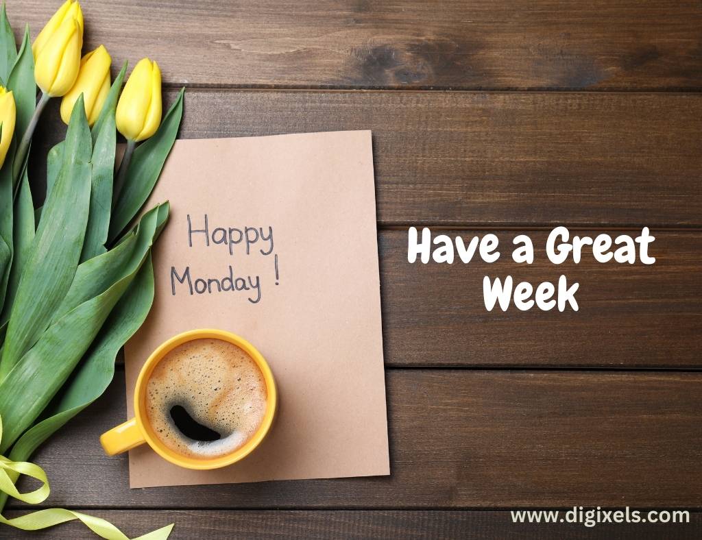 Happy Monday Images with quotes, text, card board, tulip flowers, coffee, cup