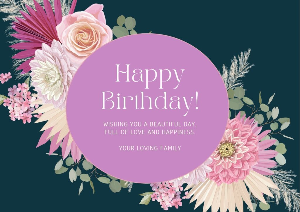 Happy Birthday Images with flowers, happy birthday text written on round place holder, dark blue background color, free download on digixels. 
