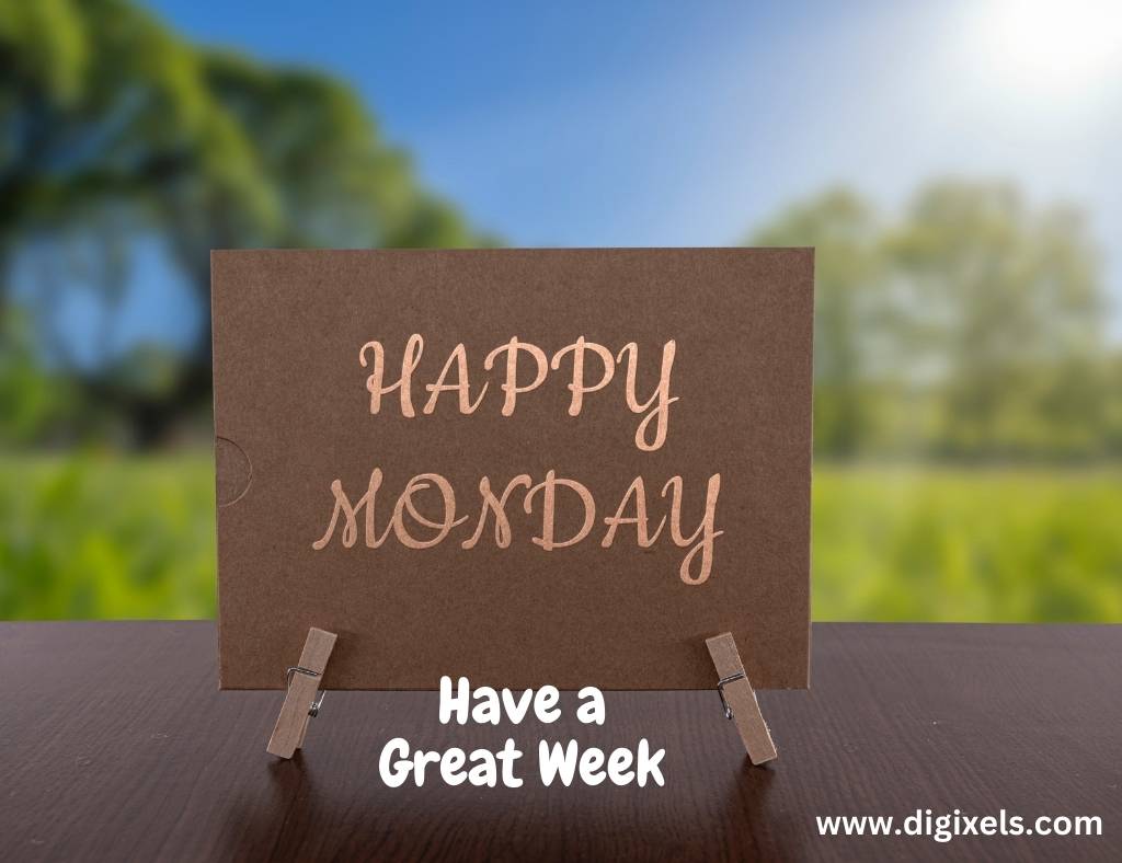 Happy Monday Images with quotes, text on board, table, green garden in the background