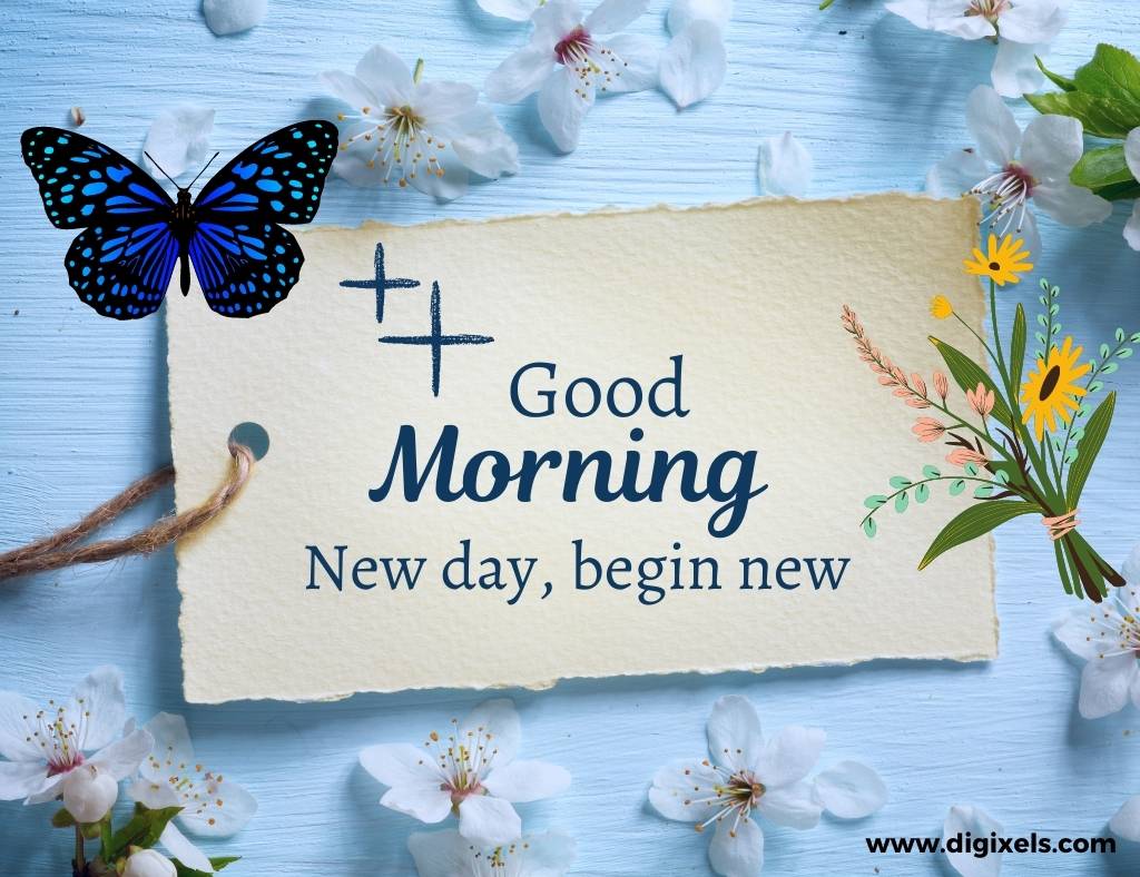 Good morning images with quotes, butterfly, text on card board, flower