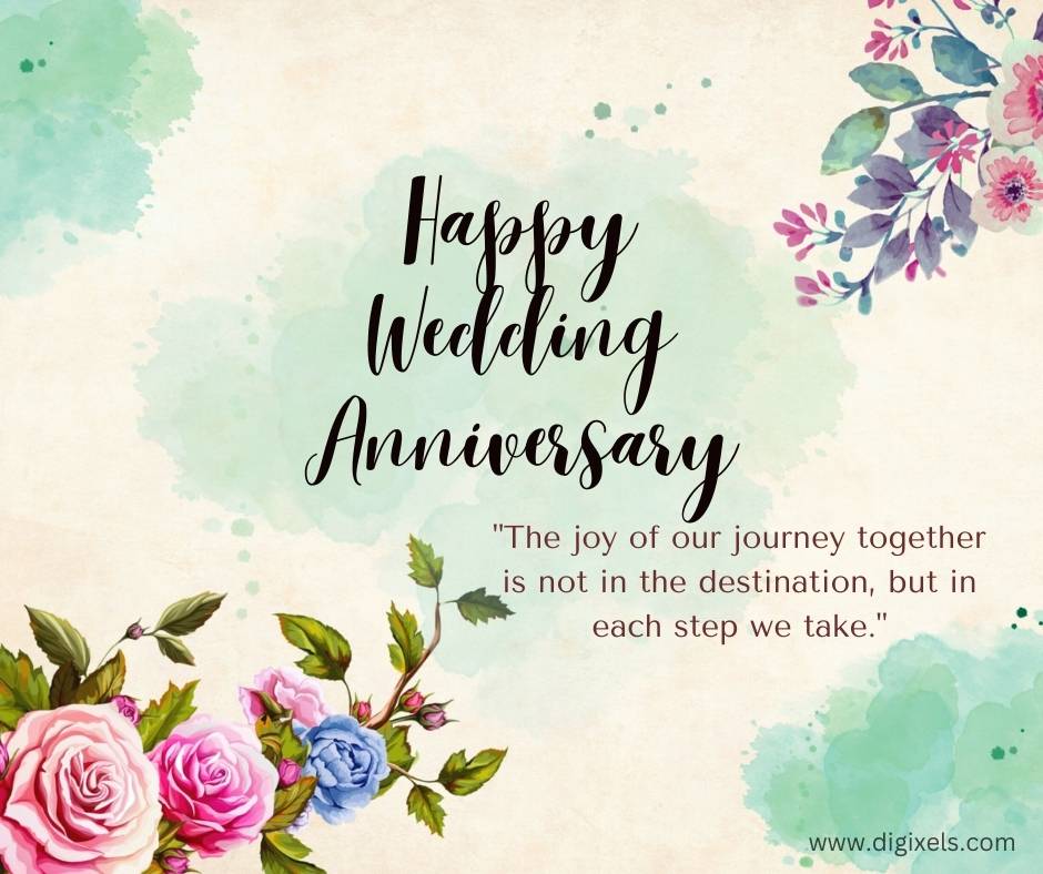 Happy wedding anniversary image with flowers in both corner, quotes, vector design, free download on Digixels.