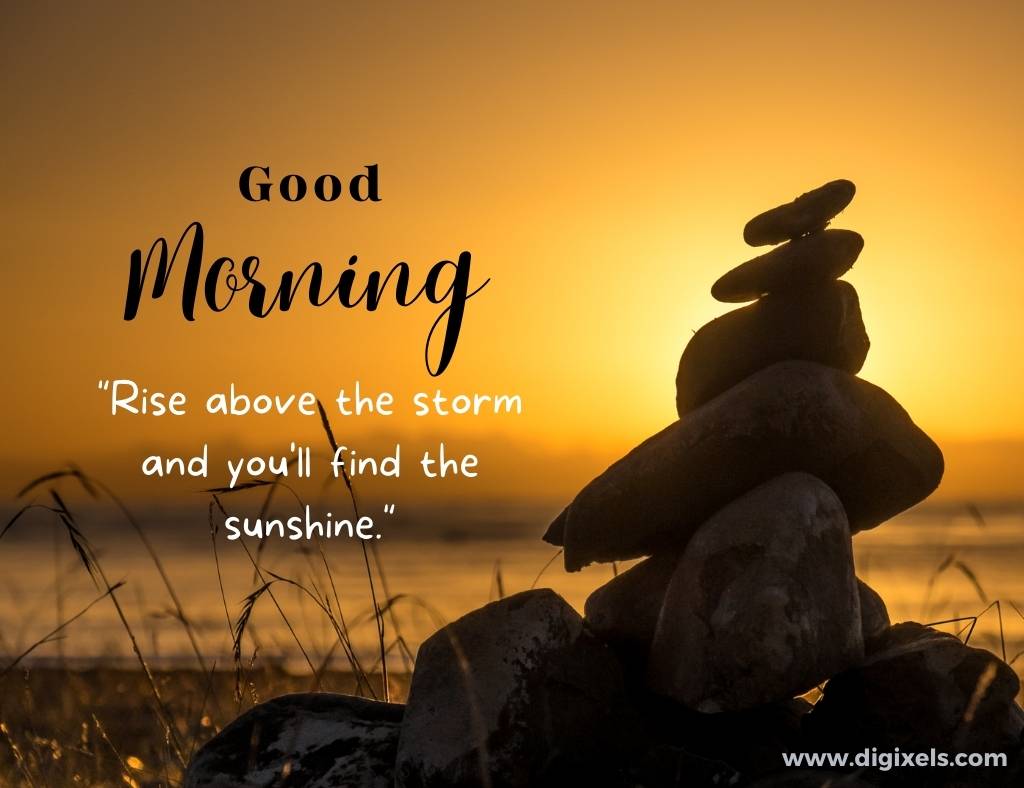 Good morning images with quotes, text, sun raise, stone tower