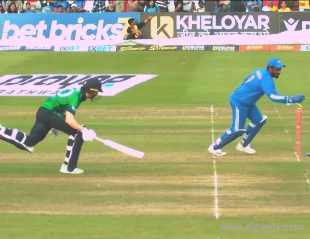 Cricket images of India and Ireland match, batsman run out, wicket keeper stamping the ball