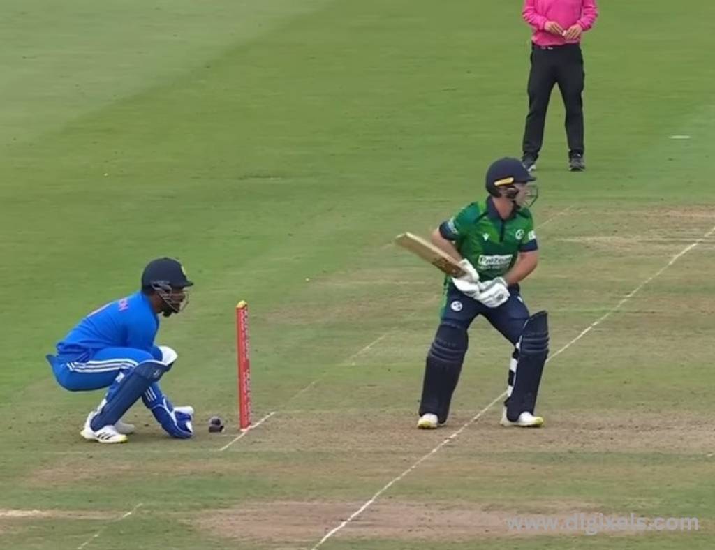 Cricket images of India vs. Ireland, batsman with bat ready to hit, wicket keeper in action, umpire watching